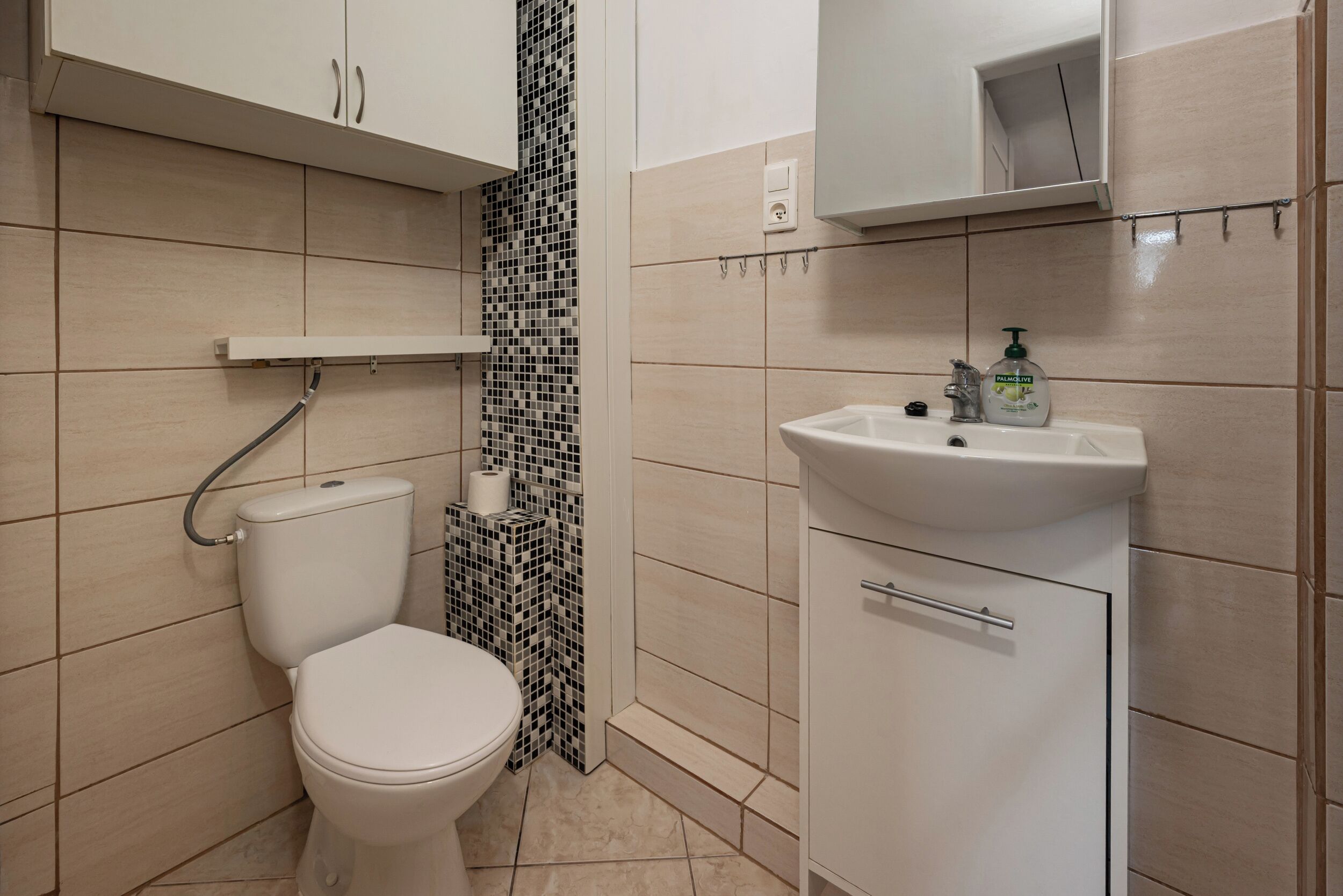 Un baño con inodoro, lavabo y paredes con azulejos.