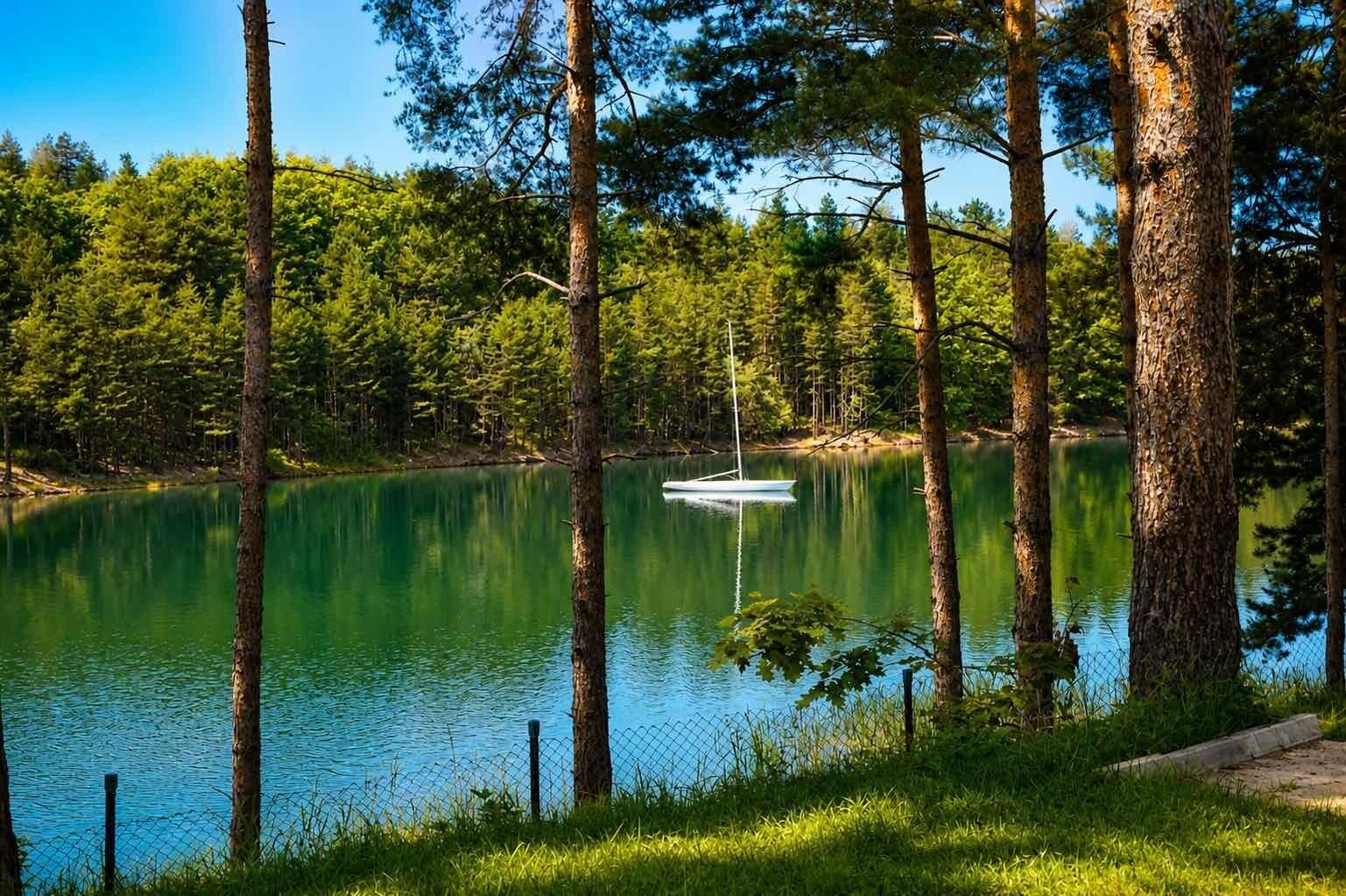 Un lago tranquillo circondato da alberi alti, una piccola barca sull'acqua e un'area erbosa con una recinzione.