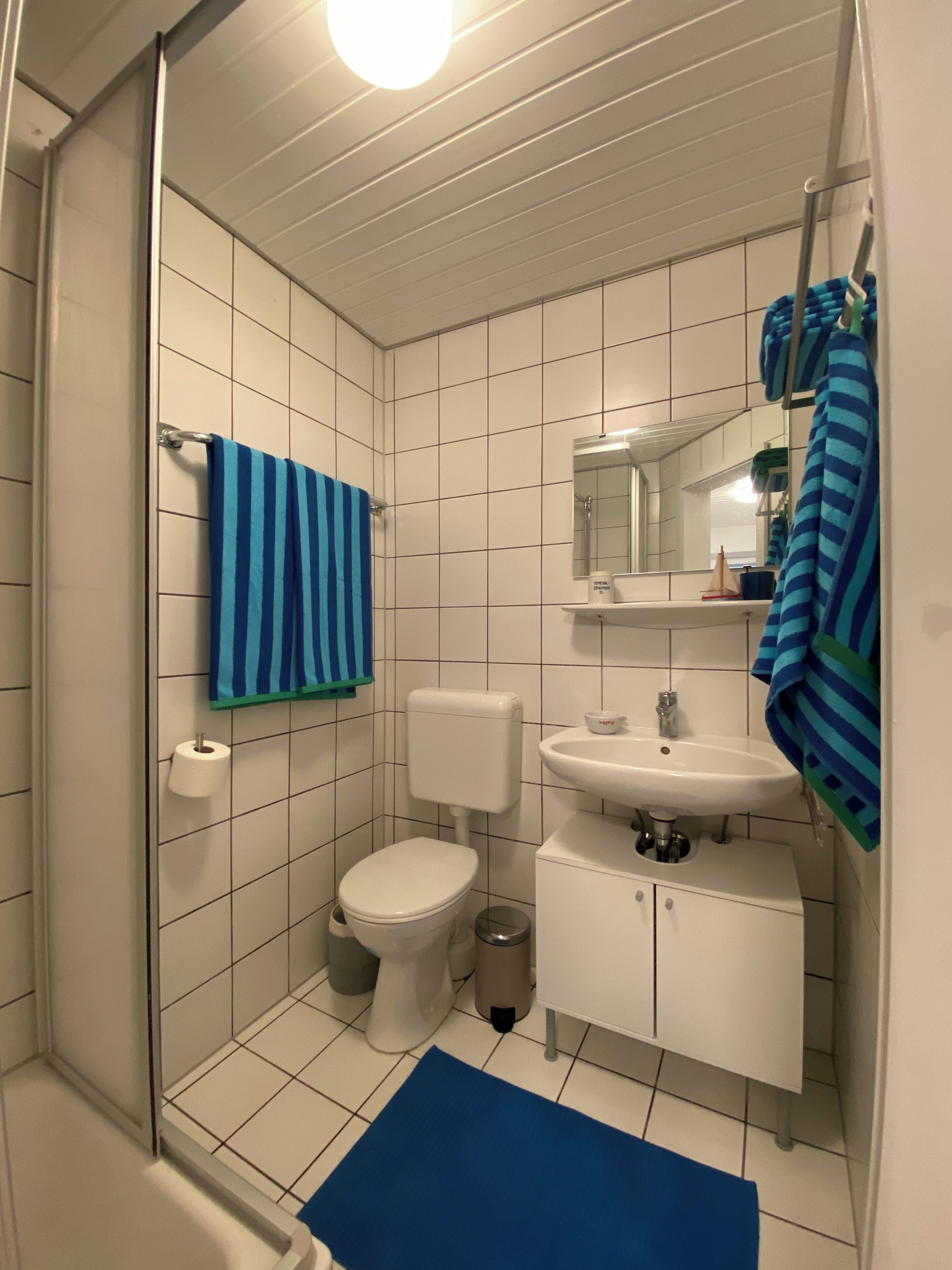 Un baño con inodoro, lavamanos y espejo.