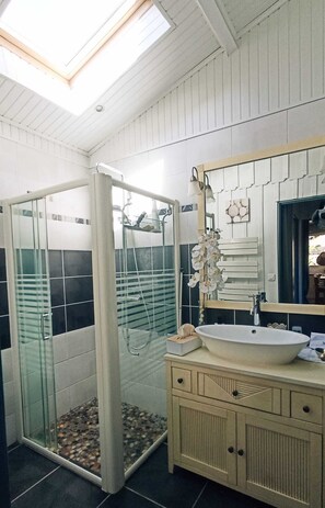 Shower, hair dryer, towels, soap