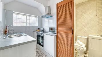 Fridge, microwave, electric kettle, toaster