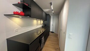 A modern kitchen with a black countertop, a built-in oven, and a wooden floor. - Bella-Lugano vacation apartment (Aldesago)