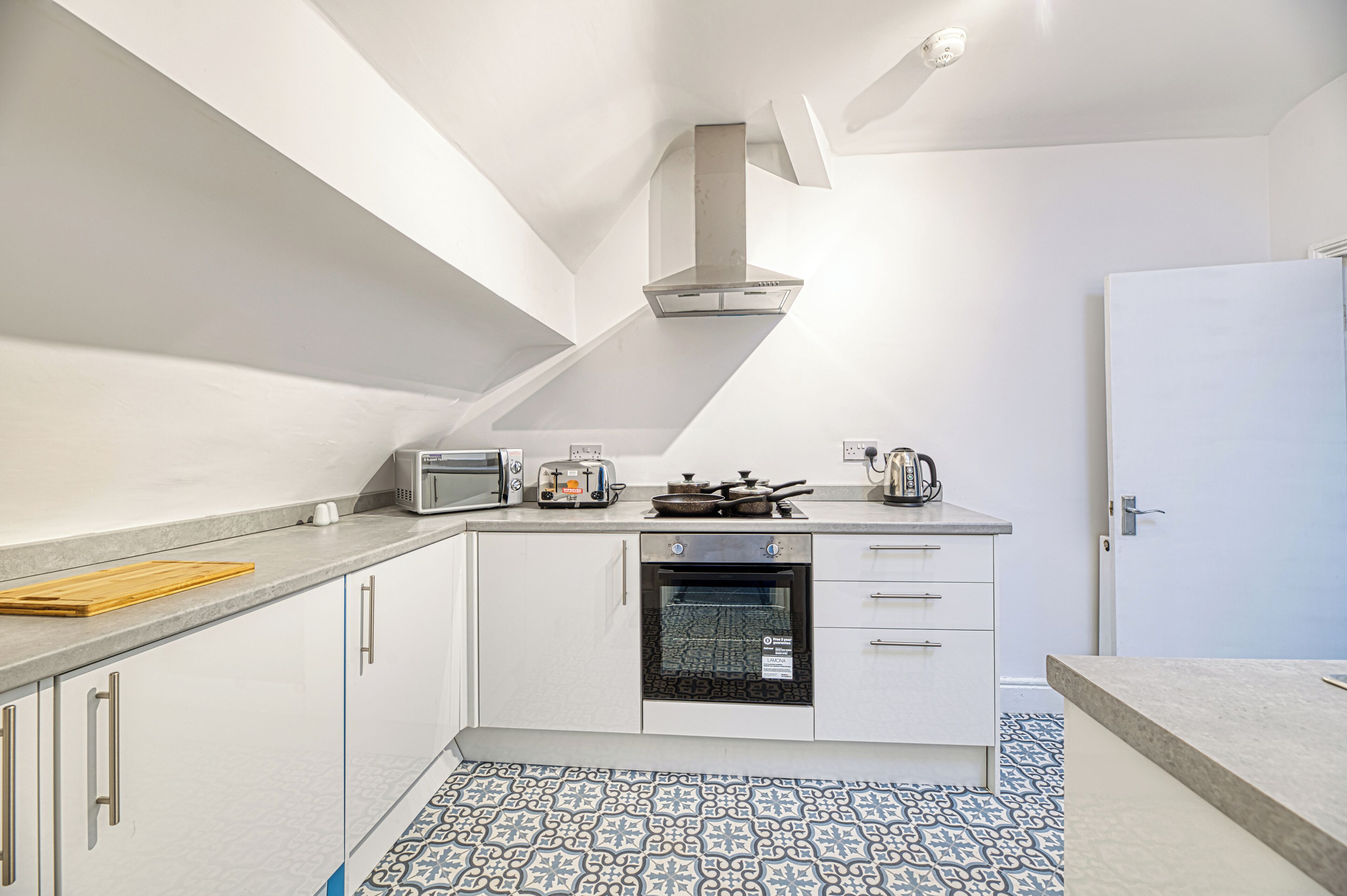 Fridge, microwave, electric kettle, toaster