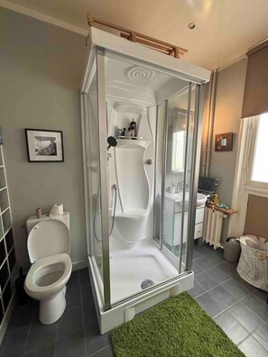 A bathroom with a glass-enclosed shower, a toilet, a sink, and a green rug. - Very nice flat close to Panthéon (Paris)