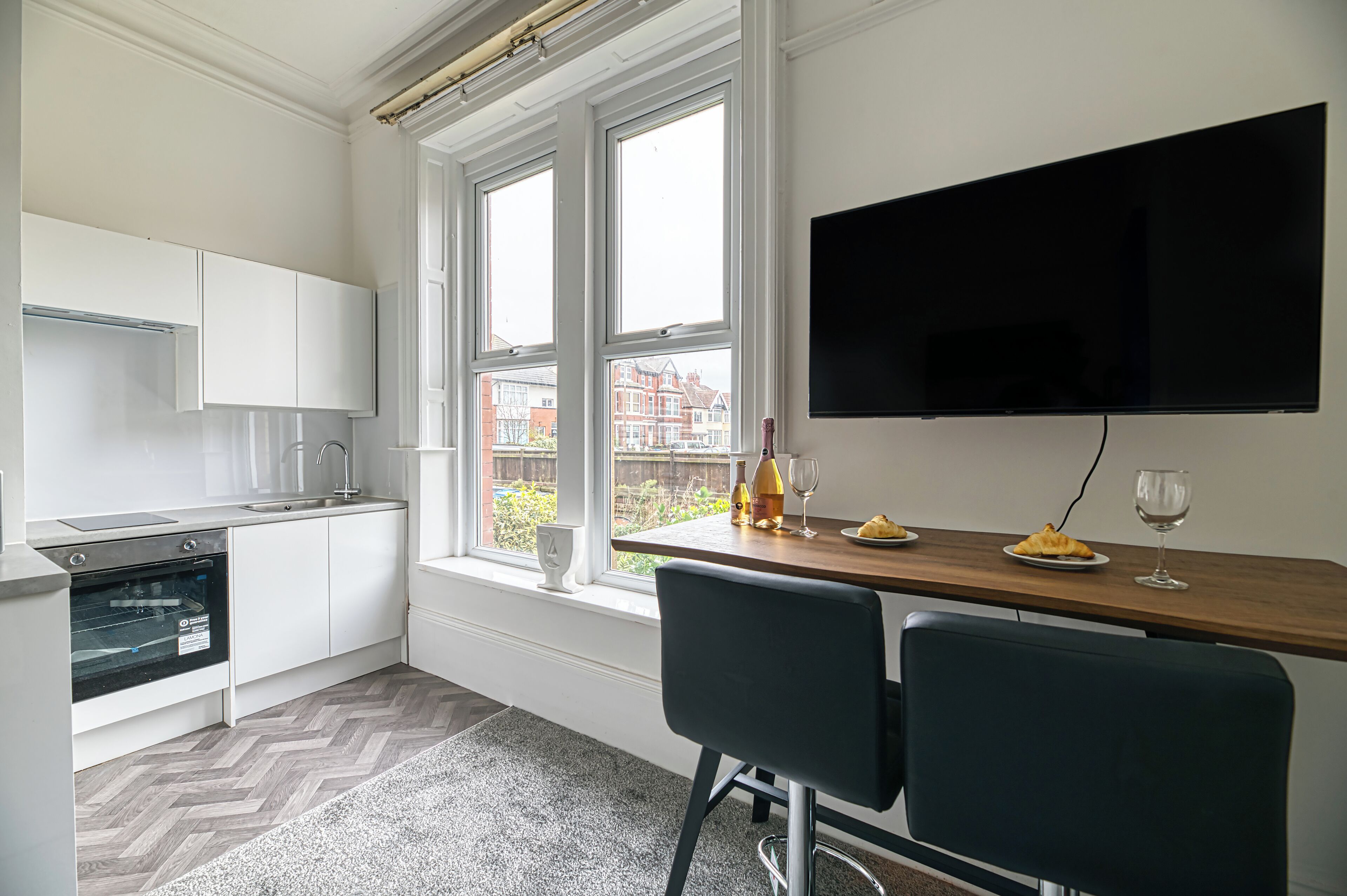 Fridge, microwave, electric kettle, toaster