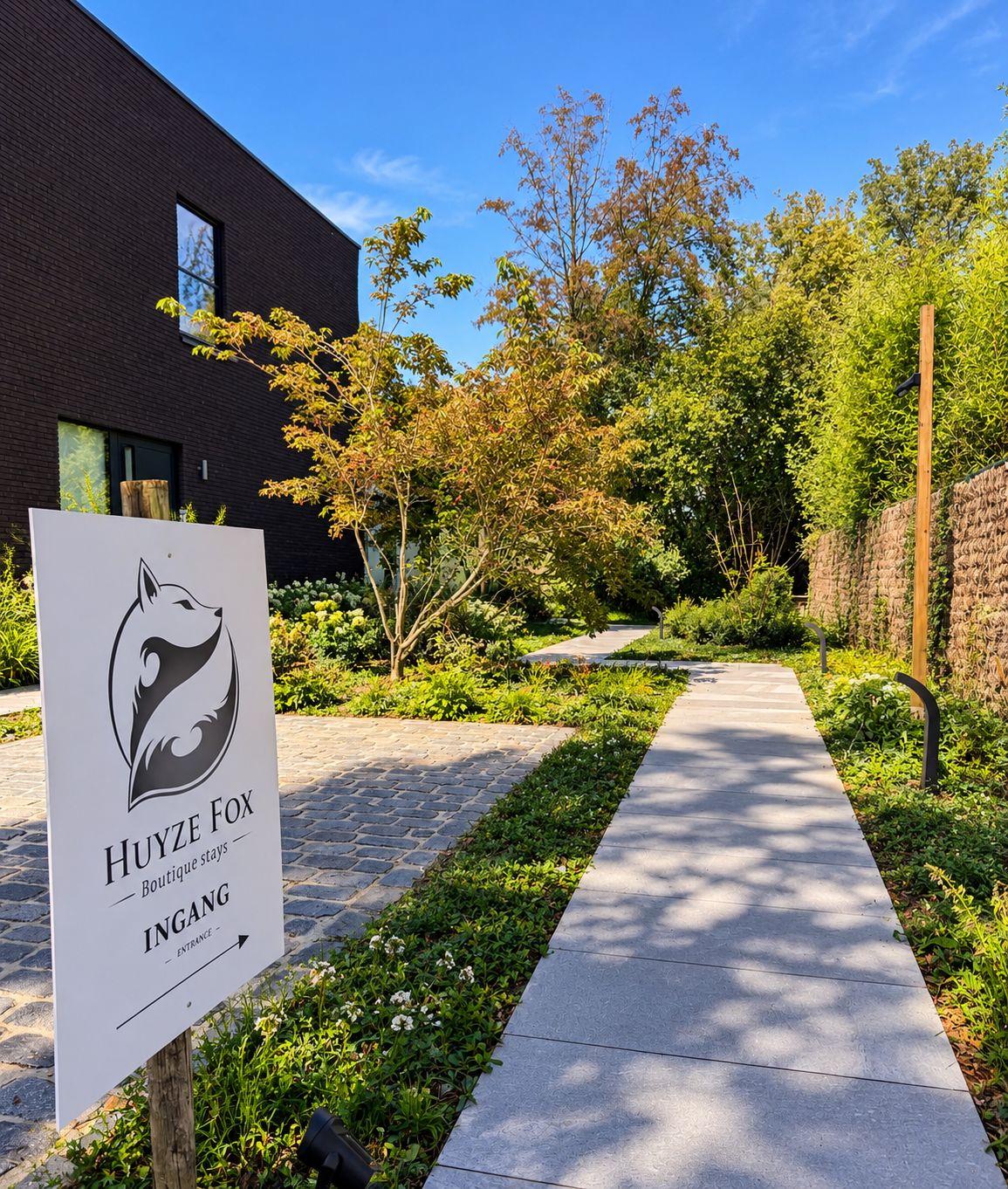 Un letrero indica Huyze Fox Boutique, con un camino que lleva a un edificio.