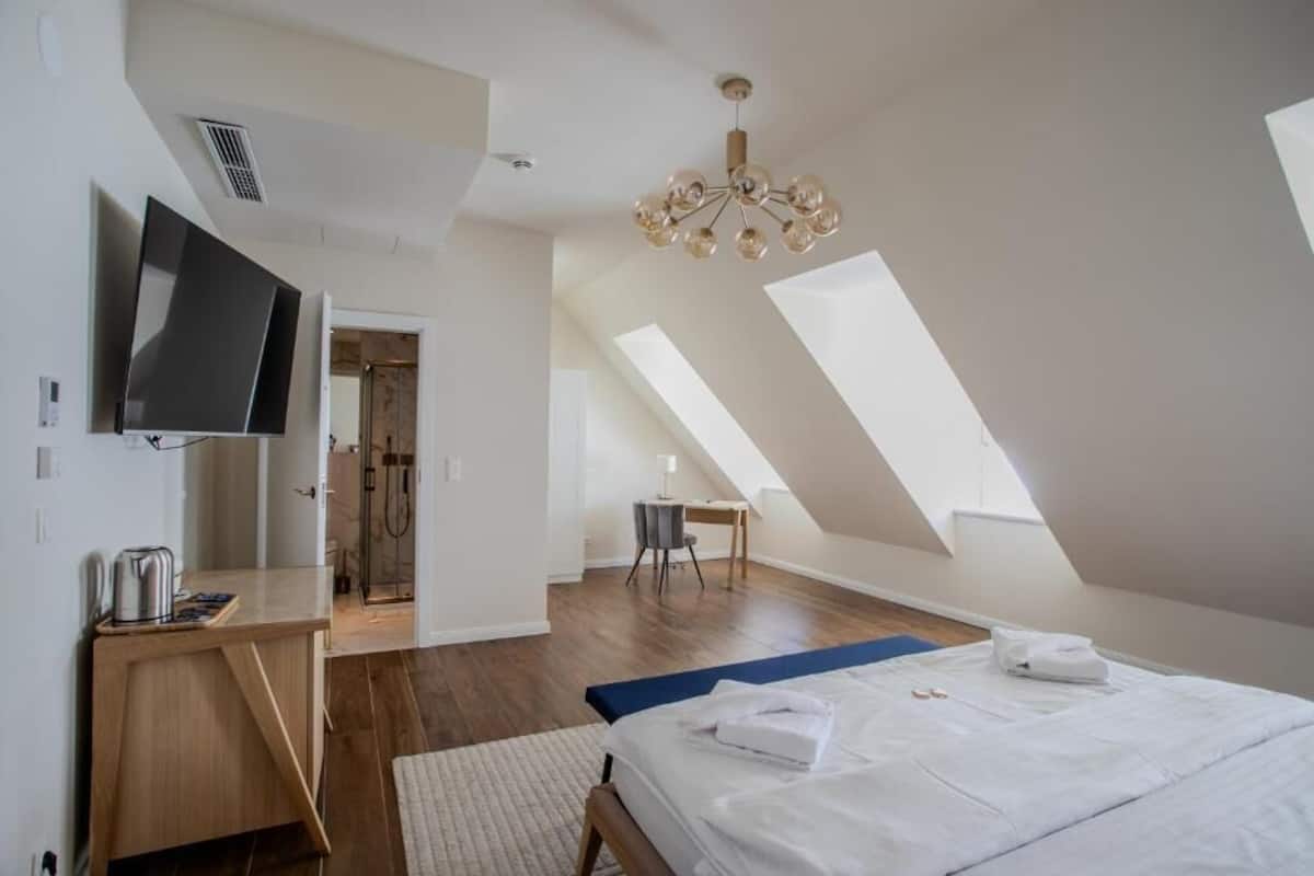 A modern bedroom with a bed, a desk, a TV, and a shower.