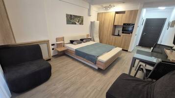 A modern bedroom with a bed, a small desk, a sofa, and a kitchenette.