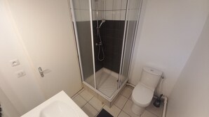Une salle de bain avec douche, toilettes et lavabo.