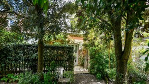 Un jardin avec un banc, des arbres et un chemin menant à un bâtiment.