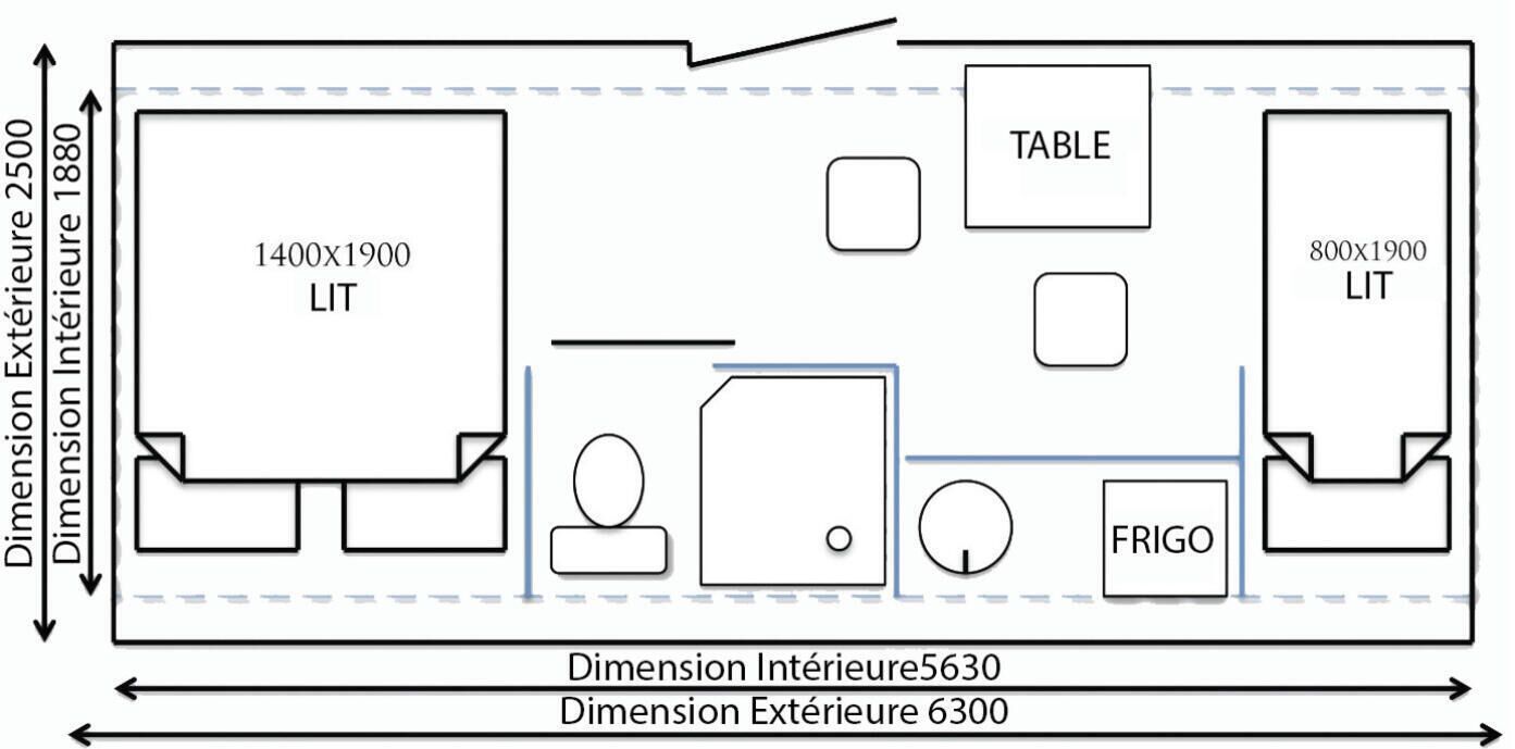 Un plan d’étage comprenant deux grands espaces de vie (SALON), une cuisine (FRIGO), un coin repas (TABLE) et un petit élément décoratif circulaire.