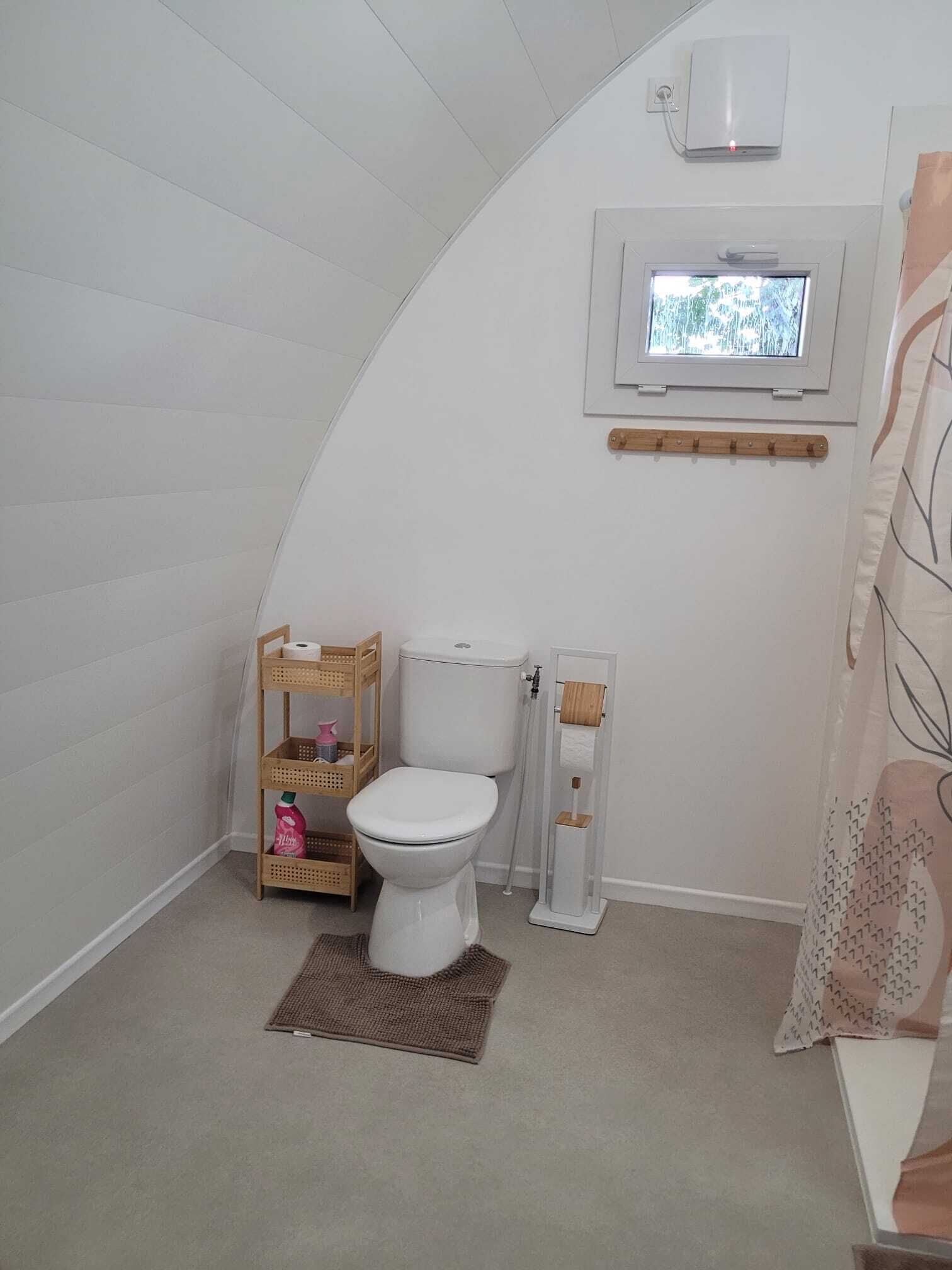 Een kleine badkamer met toilet, een klein raam en een houten plank met toiletartikelen.
