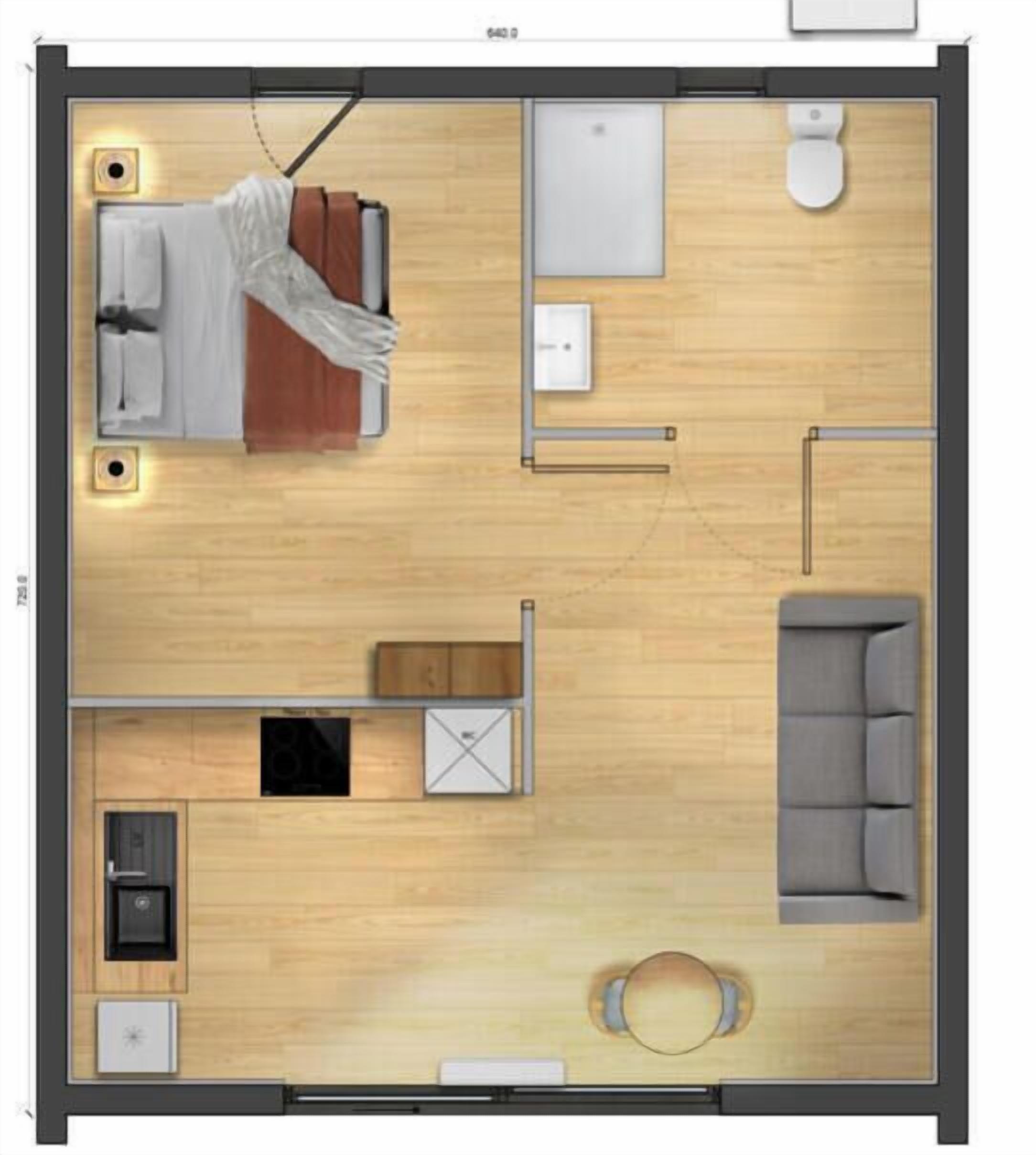 Disposizione di una camera d'albergo con un letto, una divano, un angolo cottura, un bagno e una zona salotto circolare.