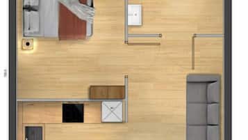 Disposizione di una camera d'albergo con un letto, una divano, un angolo cottura, un bagno e una zona salotto circolare.