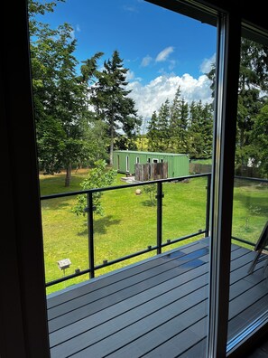 Uma varanda com vista para um galinheiro verde e um gramado.