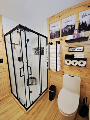 Douche, séchoir à cheveux, serviettes fournies, savon