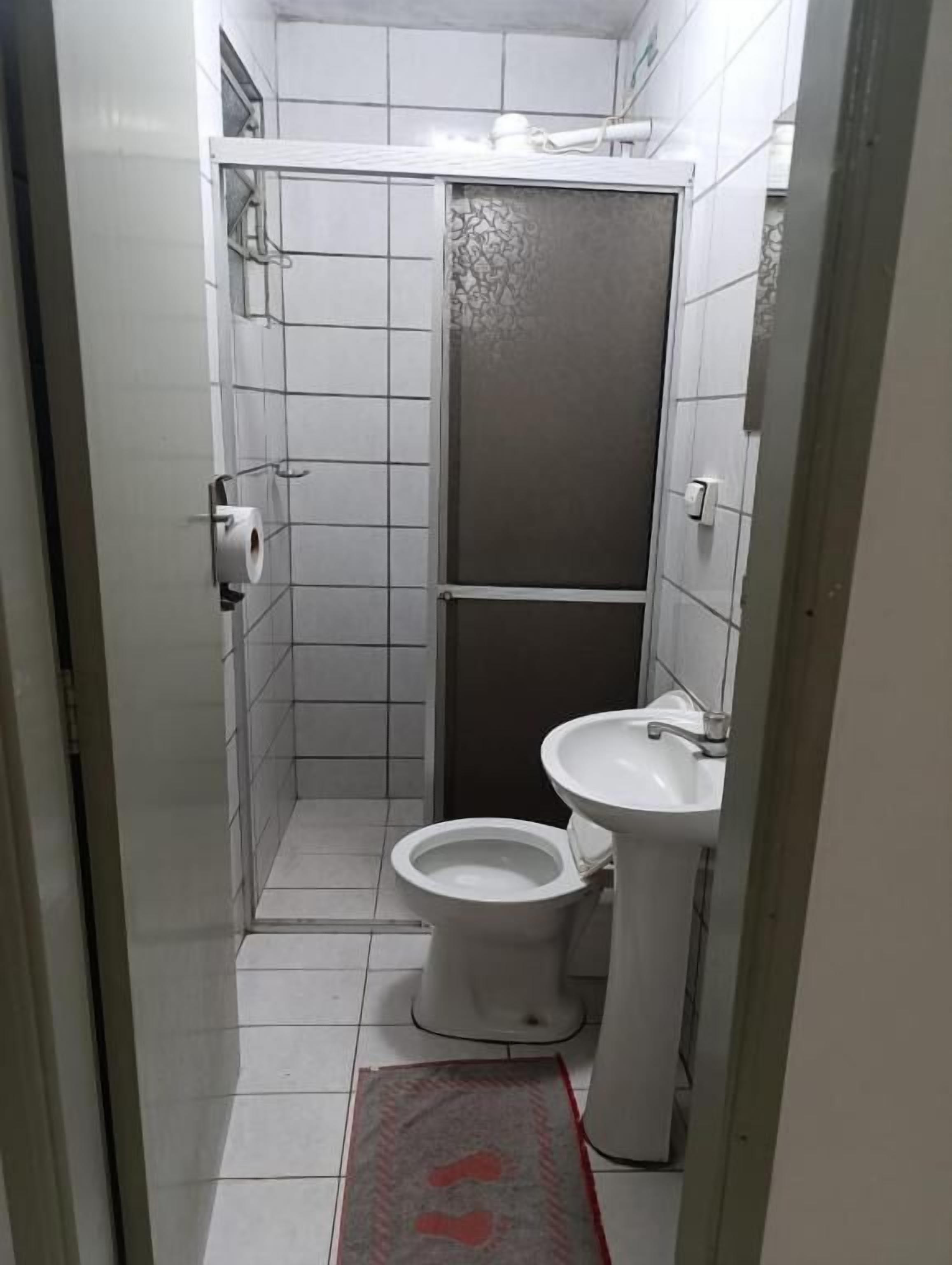 A small bathroom with a toilet, sink, and shower.