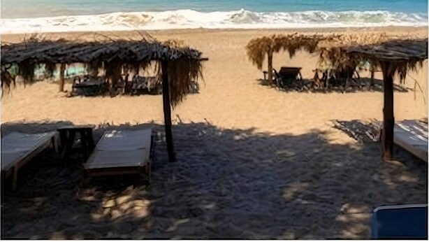 A beach with thatched-roof structures and a sandy path leading to the sea.