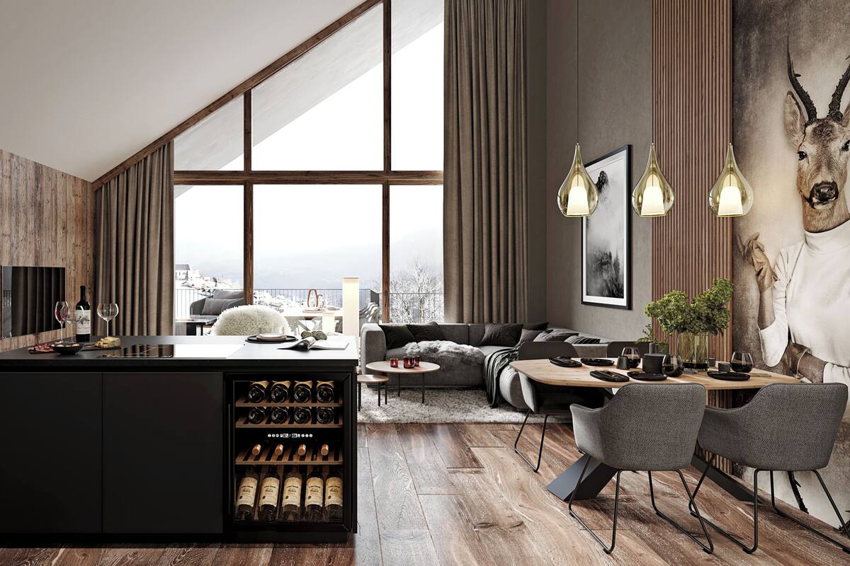 A modern interior with a kitchen island, dining area, and a large window offering a city view.