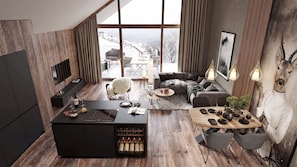 A modern living room with a large window, a dining area, and a cozy seating arrangement. - Ladis Suites by ALPS RESORTS (Ladis)
