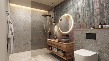 Shower, hair dryer, towels, toilet paper