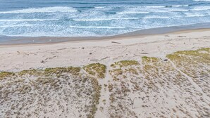 Une plage avec des vagues, du sable et une végétation clairsemée.