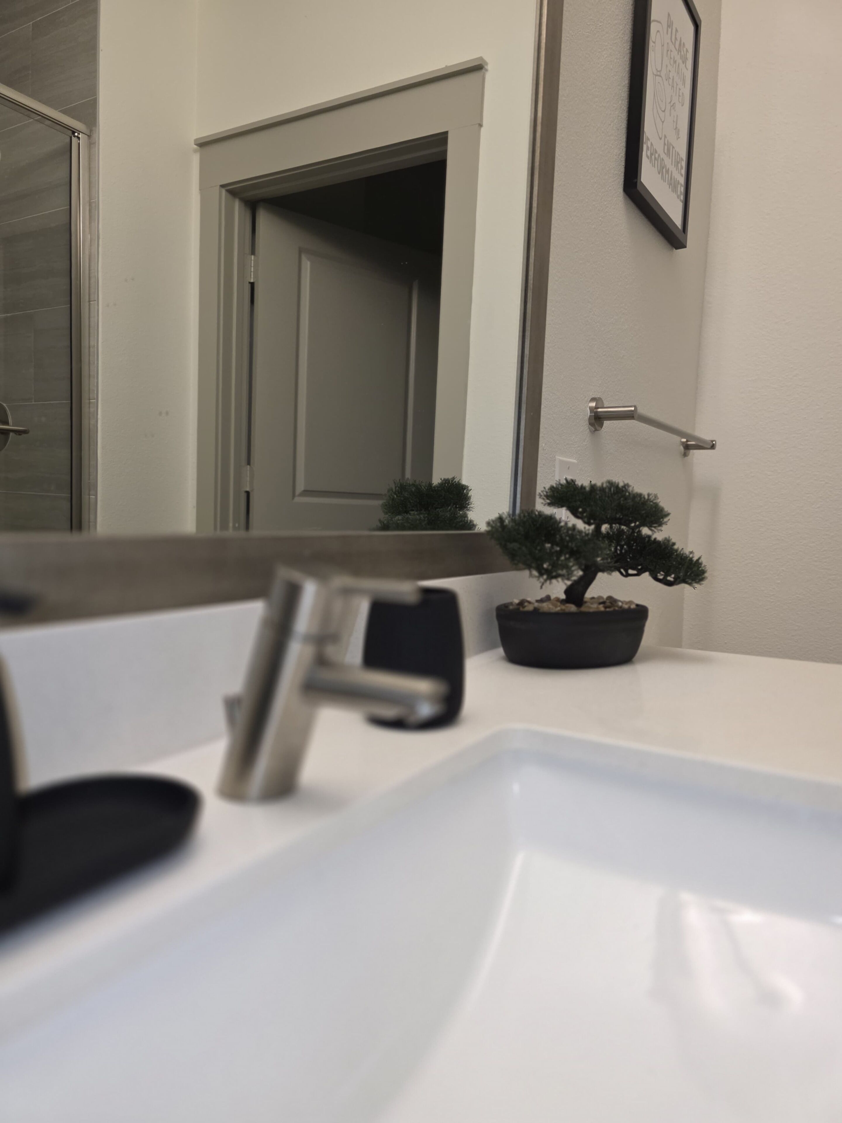 Un baño con un lavabo blanco, un espejo, una planta en maceta y una puerta.