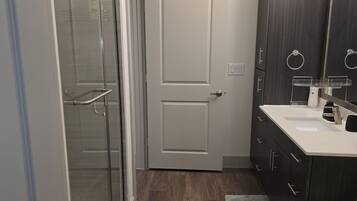 Hair dryer, towels, soap, toilet paper