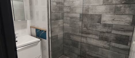 Shower, towels, toilet paper