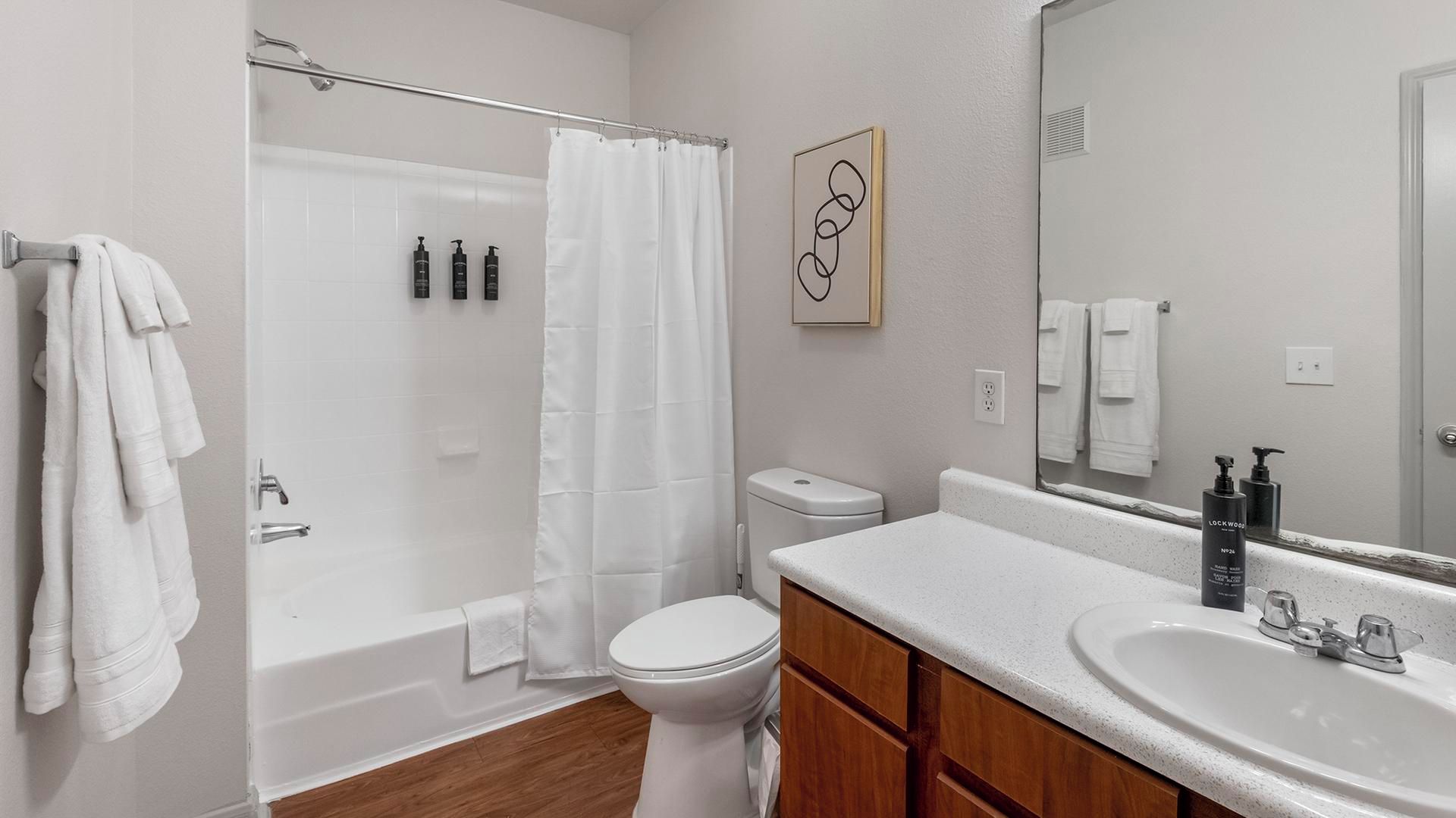 A bathroom with a shower, toilet, sink, and a mirror.