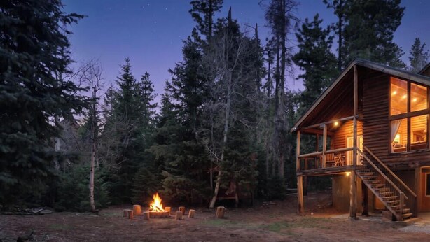 A log cabin with a deck, a fire pit, and a forested backdrop.