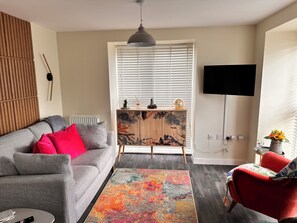 A living room with a grey sofa, red chair, colorful rug, wooden cabinet, and a TV mounted on the wall.