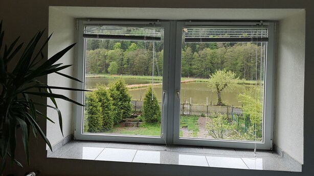 Ein Fenster mit Blick auf einen See, Bäume und einen Zaun.