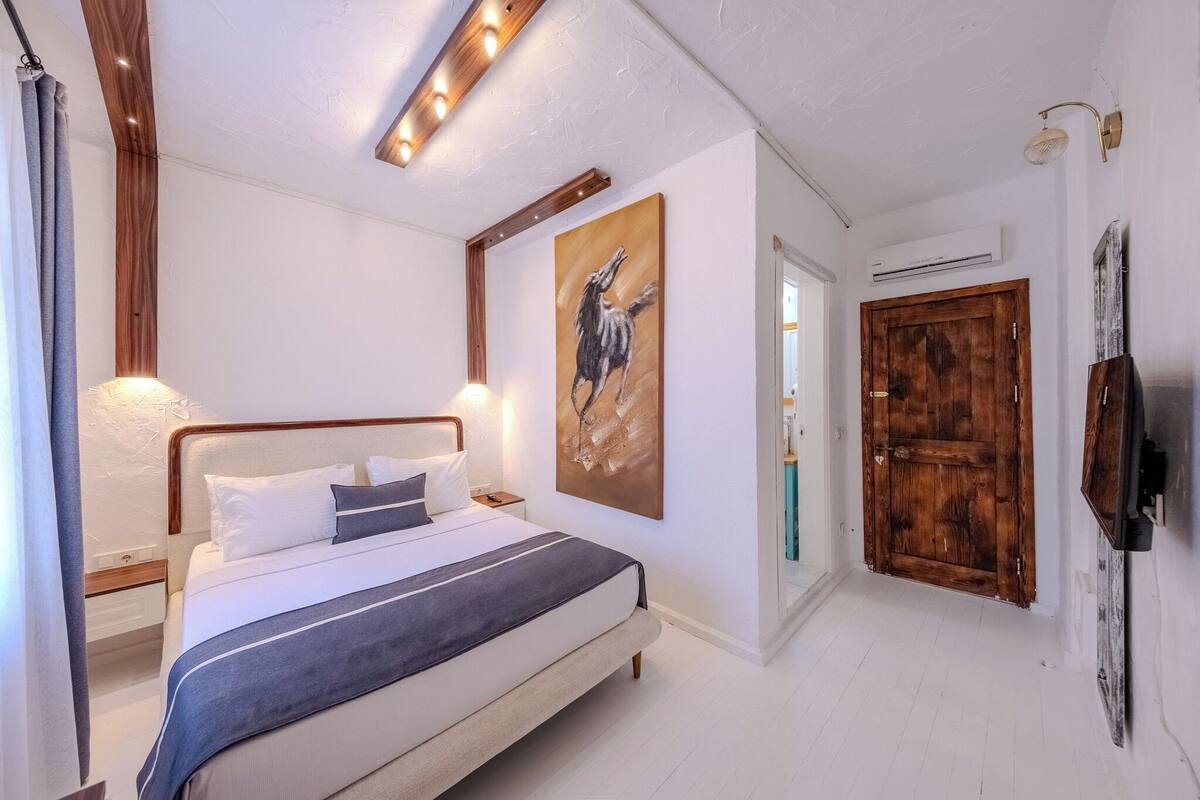 A bedroom with a bed, bedside tables, a painting, a wooden door, and an air conditioning unit.