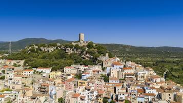 Una città con architettura storica, un'imponente torre su una collina e un fitto gruppo di edifici.