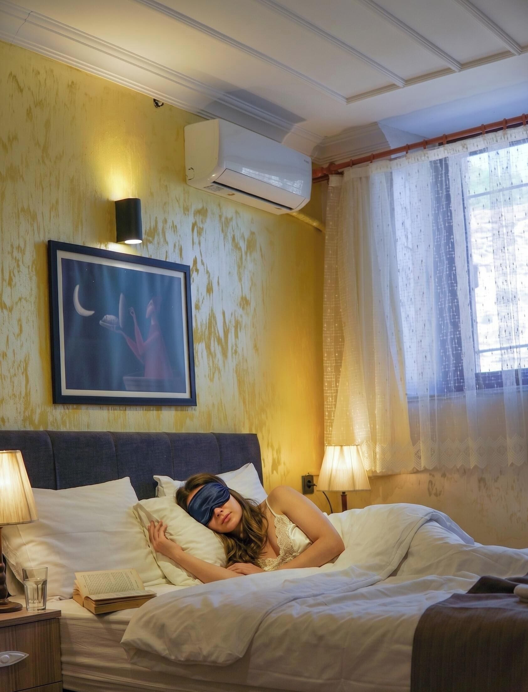 Ein Hotelzimmer mit Bett, Nachttischlampen, einer Wand-Klimaanlage, einem gerahmten Bild und einem Fenster mit Vorhängen.