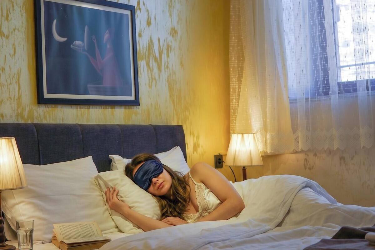 A hotel room with a bed, bedside lamps, a wall-mounted air conditioner, a framed picture, and a window with curtains.