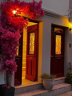 Ein Gebäudeeingang mit roter Tür, einem Fenster mit schmiedeeisernem Zierwerk und einem Blumentopf auf den Stufen.