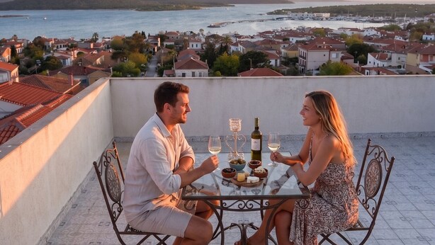 Una pareja cenando en una terraza con vistas a un pueblo costero y al mar.