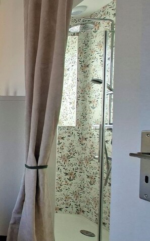 Regadera, secadora de cabello, toallas, papel de baño 