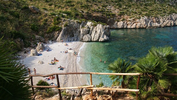 Ein Strand mit klarem Wasser, felsigen Klippen und Palmen.