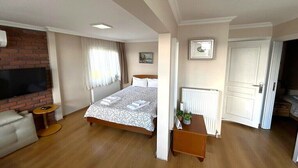 Ein Schlafzimmer mit Bett, Fernseher, Heizkörper, Tür und einem kleinen Tisch.