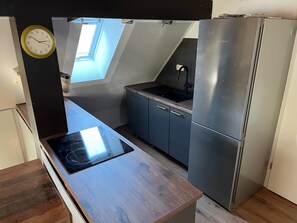 A compact kitchen with a built-in stove, a stainless steel refrigerator, and a small window. - Holiday Apartment for 5 People (55 m²) in Ivenack (Ivenack)