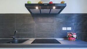 Uma cozinha moderna com um fogão por indução preto, uma pia de aço inoxidável e um exaustor preto.