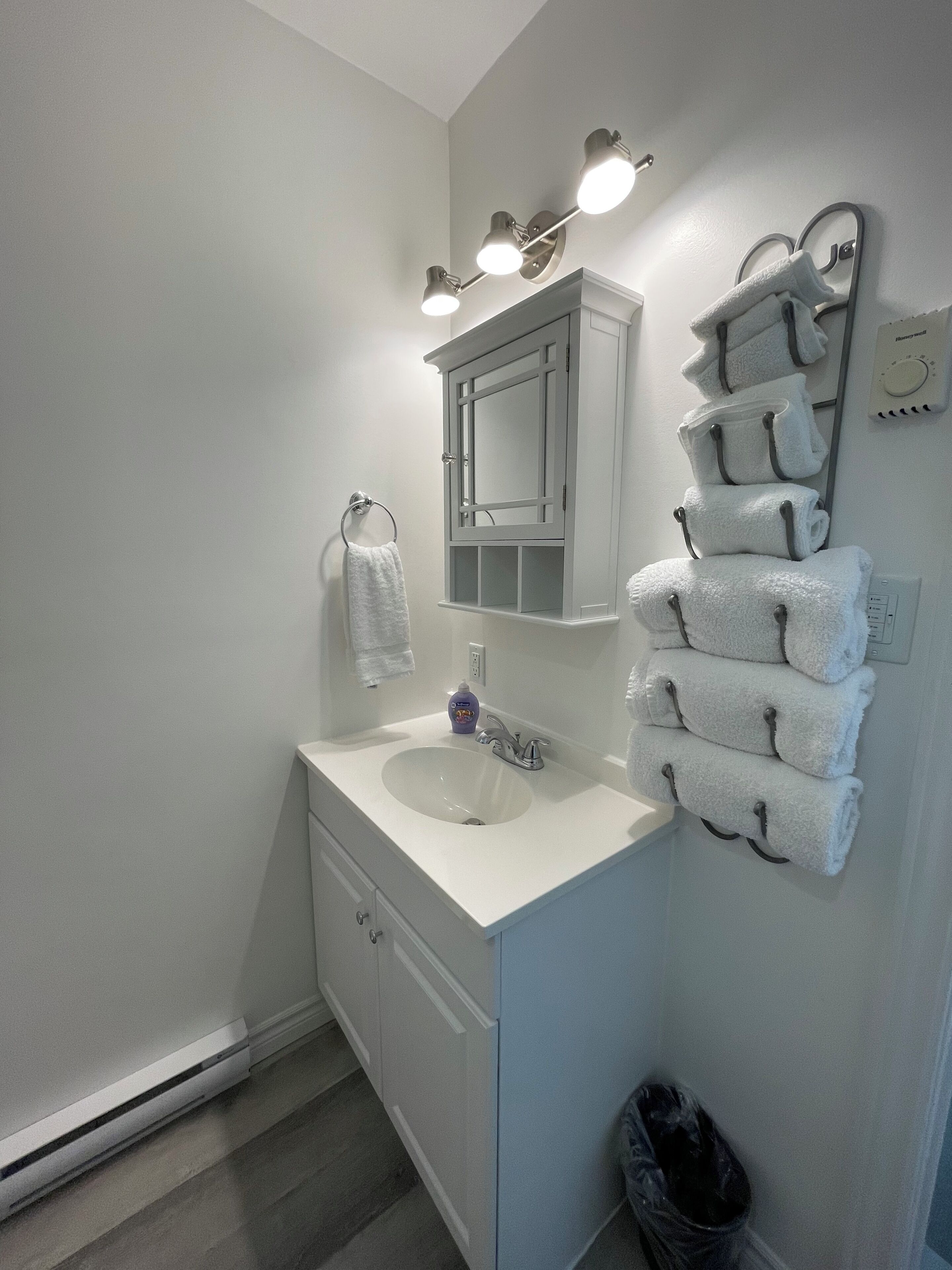 Sèche-cheveux, serviettes fournies, savon, papier toilette