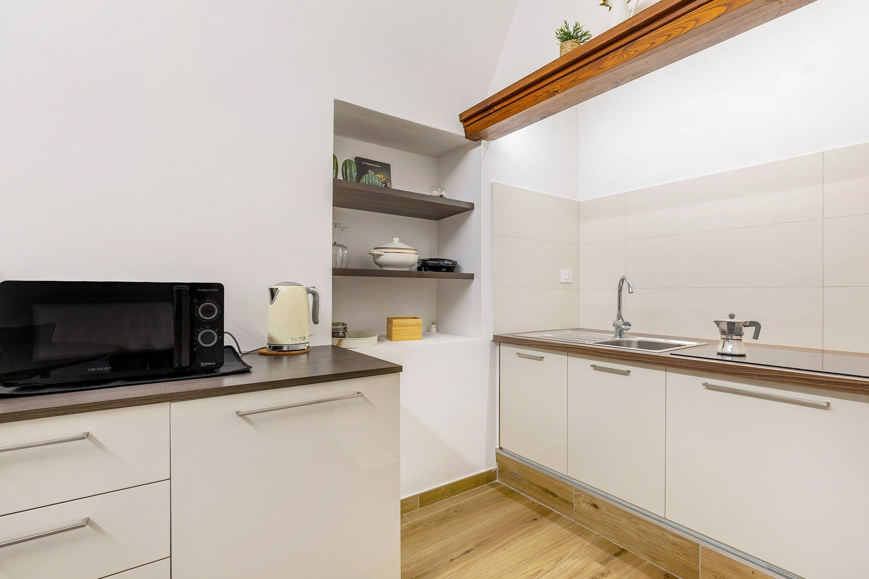 Fridge, microwave, stovetop, coffee/tea maker