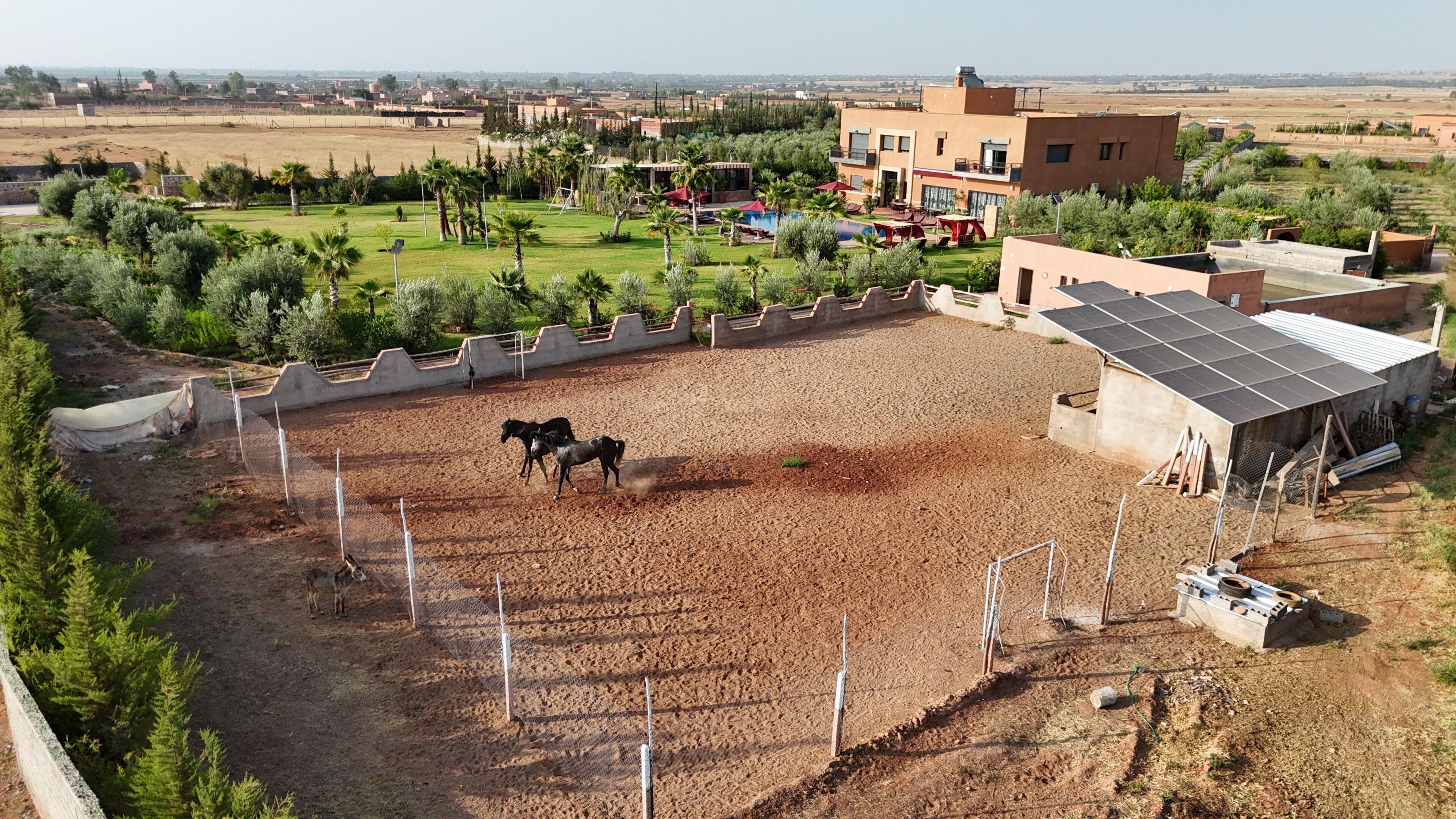 An equestrian arena with a dirt surface, surrounded by greenery and buildings.