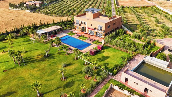 A modern house with a swimming pool, surrounded by a well-maintained lawn and garden.