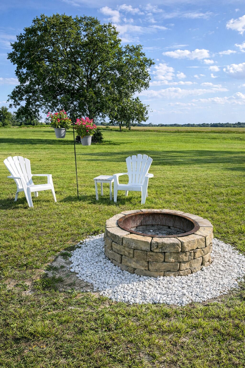 A stone fire pit surrounded by white chairs and a table in a grassy field.