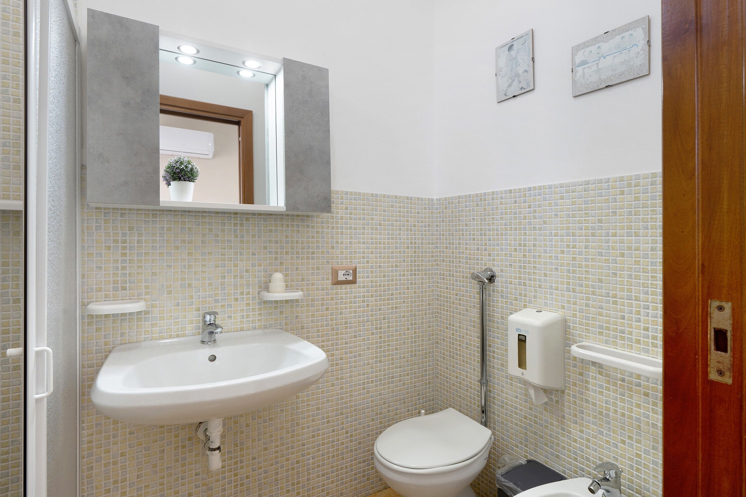 Een badkamer met een wastafel, toilet en handdroger.